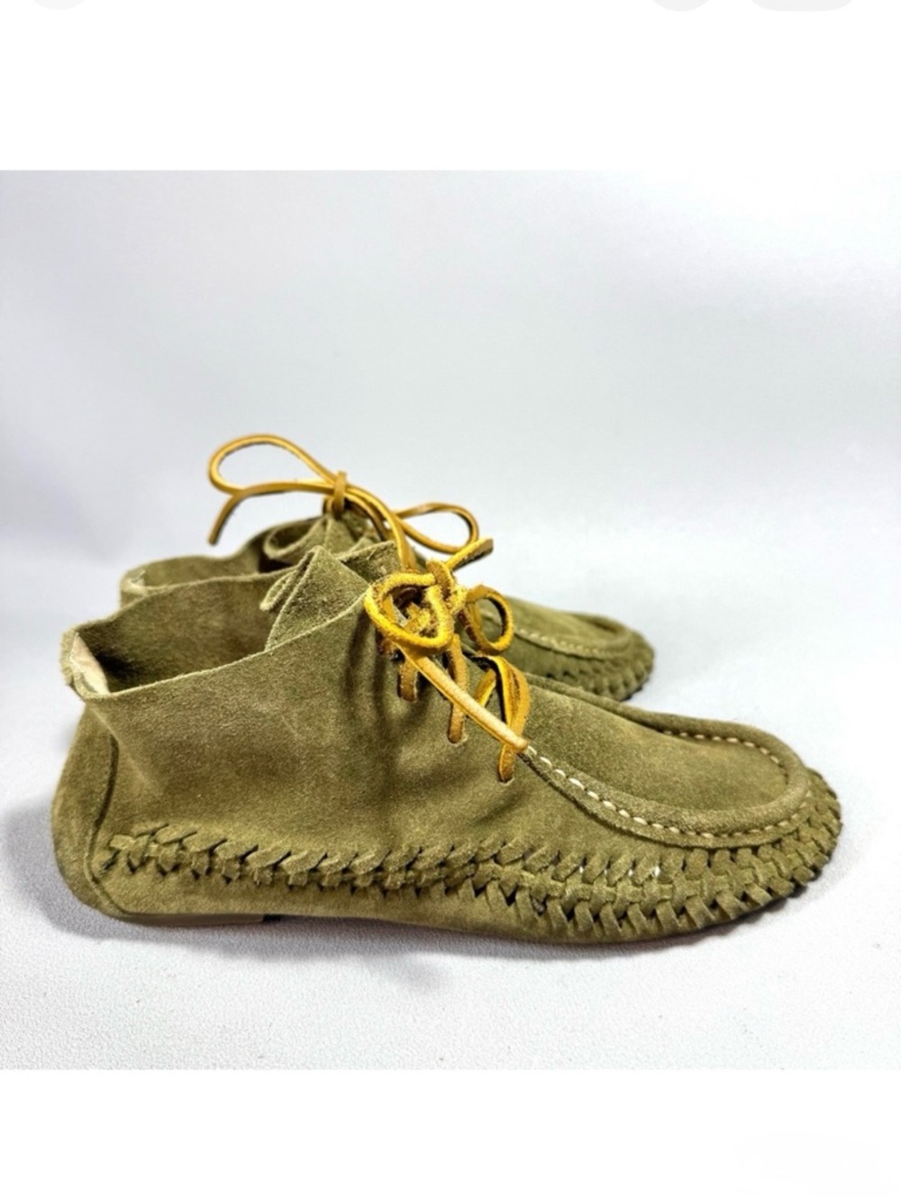 Latigo Gamine Olive Green Suede Moccasins with Leather Laces - Picture 1 of 16